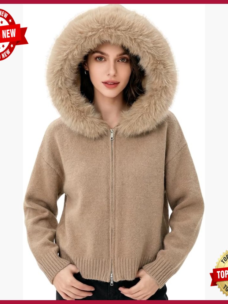Faux Fur Hooded Chunky Knit Cardigan For Women Zip Up
